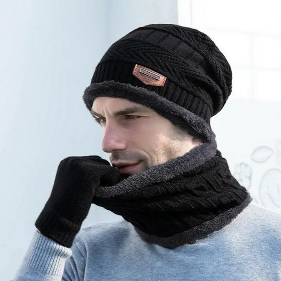 HOST PICK Mens 4PC Set Black Hat Neck Warmer Tech Gloves - Picture 1 of 8